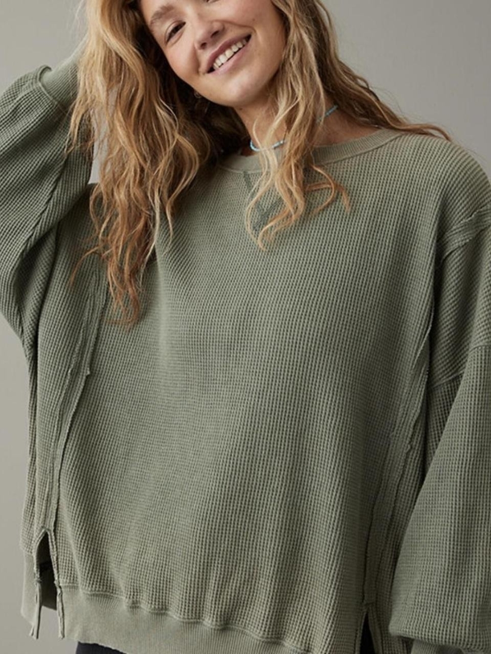 American Eagle Outfitters Gray Waffle Knit Long Sleeve Top